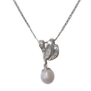 18K 18KT 750 WHITE GOLD WHITE SAPPHIRE PEARL NECKLACE AND PENDANT